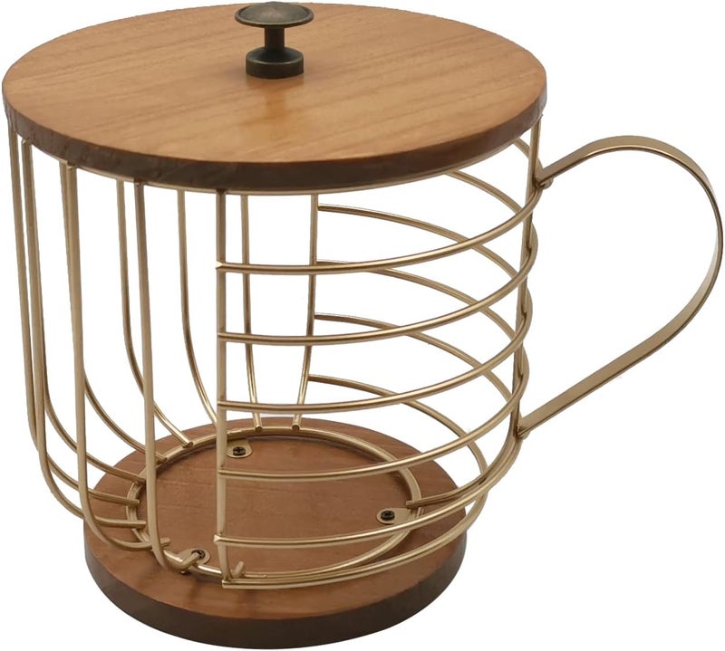 MFBJXC Large Capacity Wire Kup Storage with Wooden Base, Mug Shape Wire Storage Basket with Lid for Home Cafe Bar Countertop Kitchen Decor Storage Accessorie Gold - Image 1